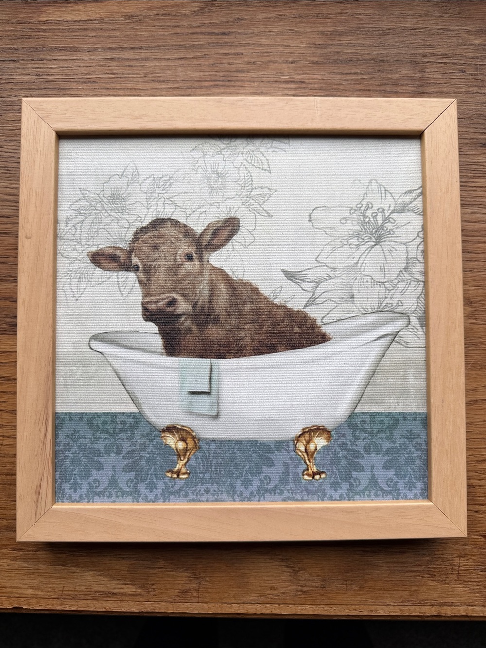 Framed Barnyard Bath Wall Art - Brown Cow in Bathtub